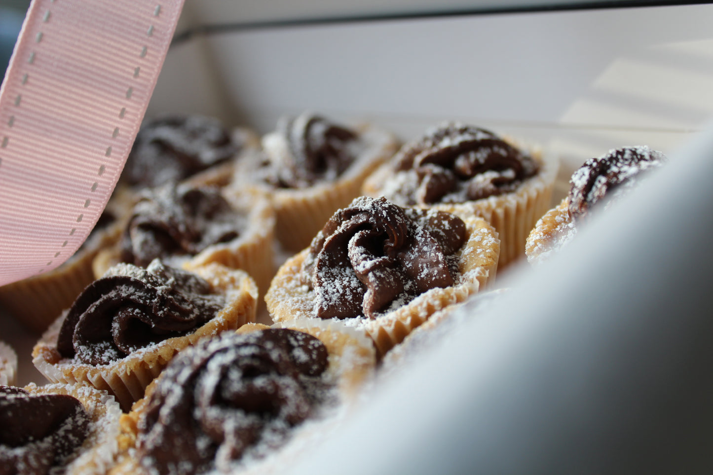 Chocolate Gluten Free Pastry Minis - 18 Piece Gift Box - softly textured buttery gluten free dough enrobed around a dollop of chocolate ganache filling